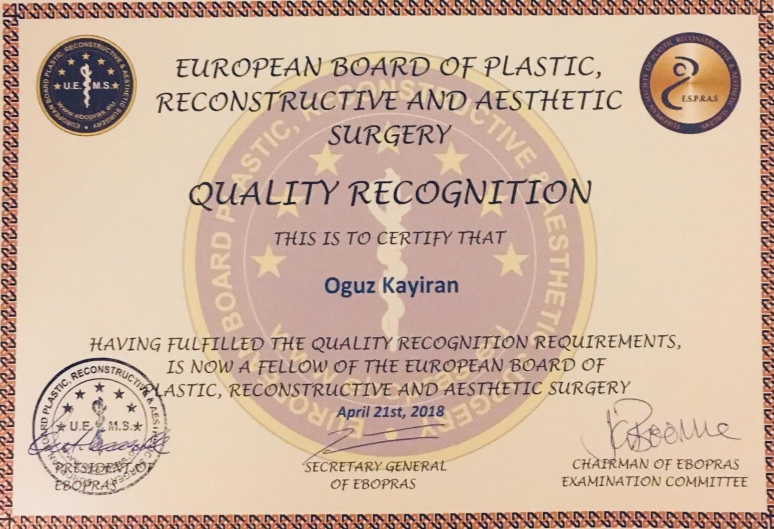 EBOPRAS fellowship certificate issued to Oguz Kayiran