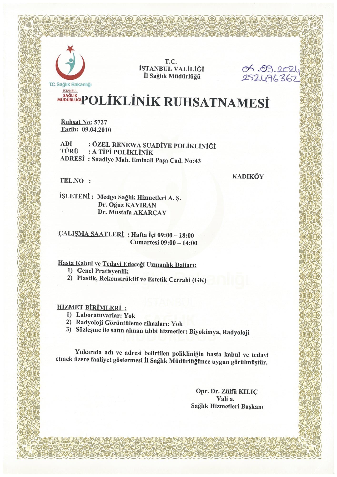 Poliklinik Ruhsatnamesi for Özel Renewa Suadiye Polikliniği