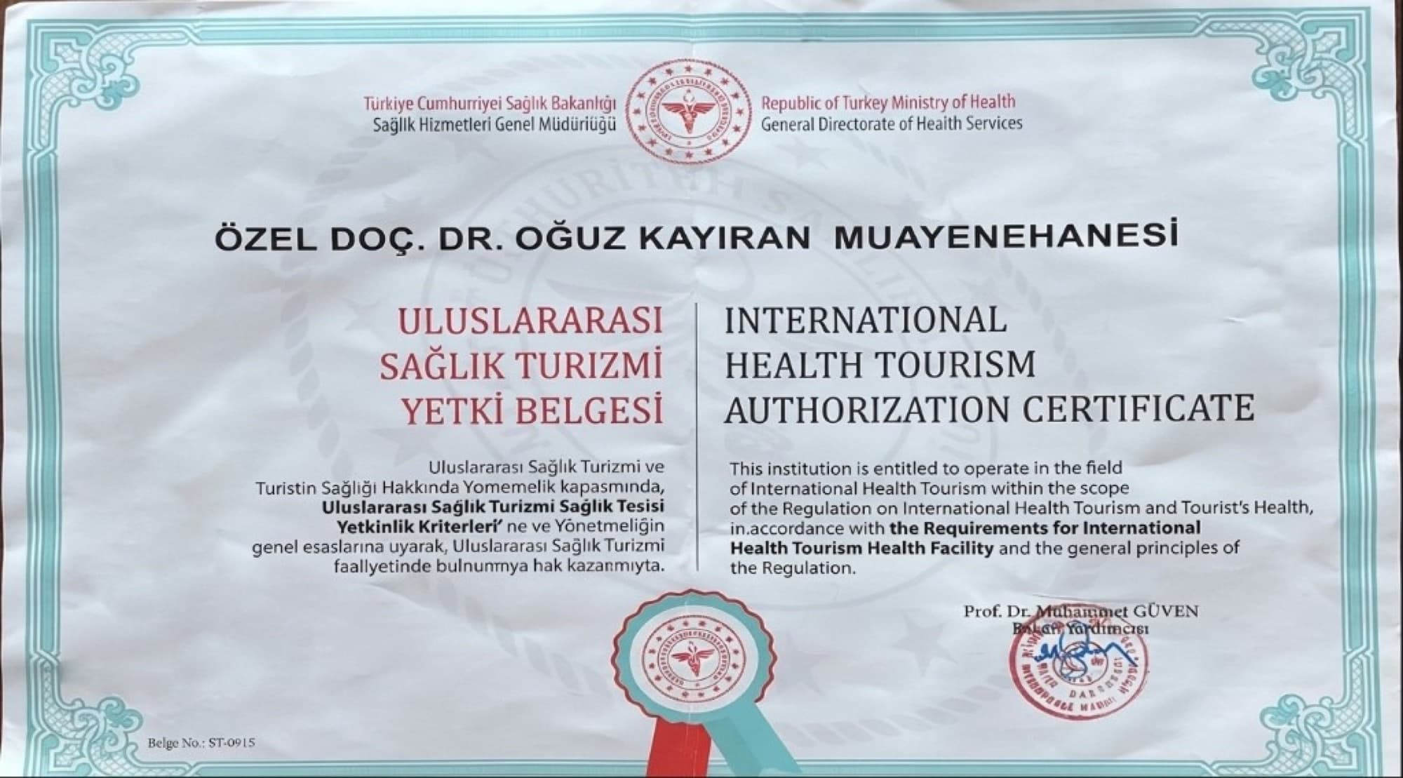 International Health Tourism Authorization Certificate ST-0915 for Private Assoc. Prof. Dr. Oğuz Kayıran Practice