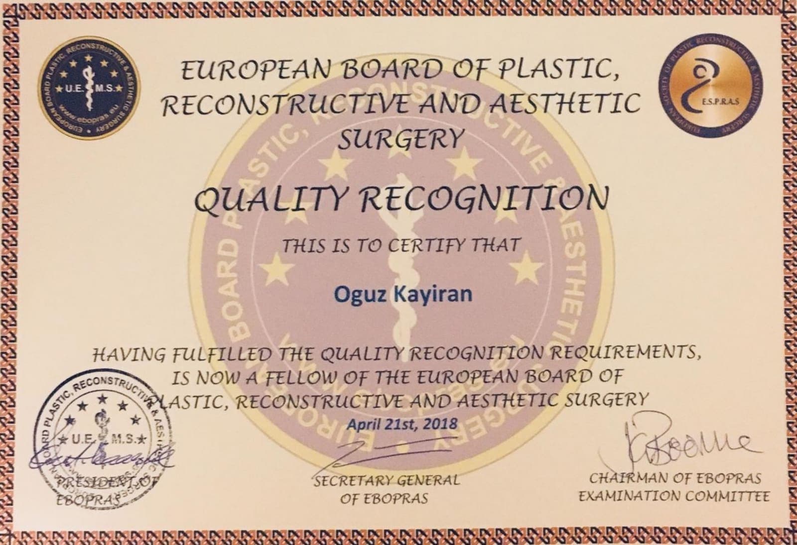 EBOPRAS fellowship certificate issued to Oguz Kayiran