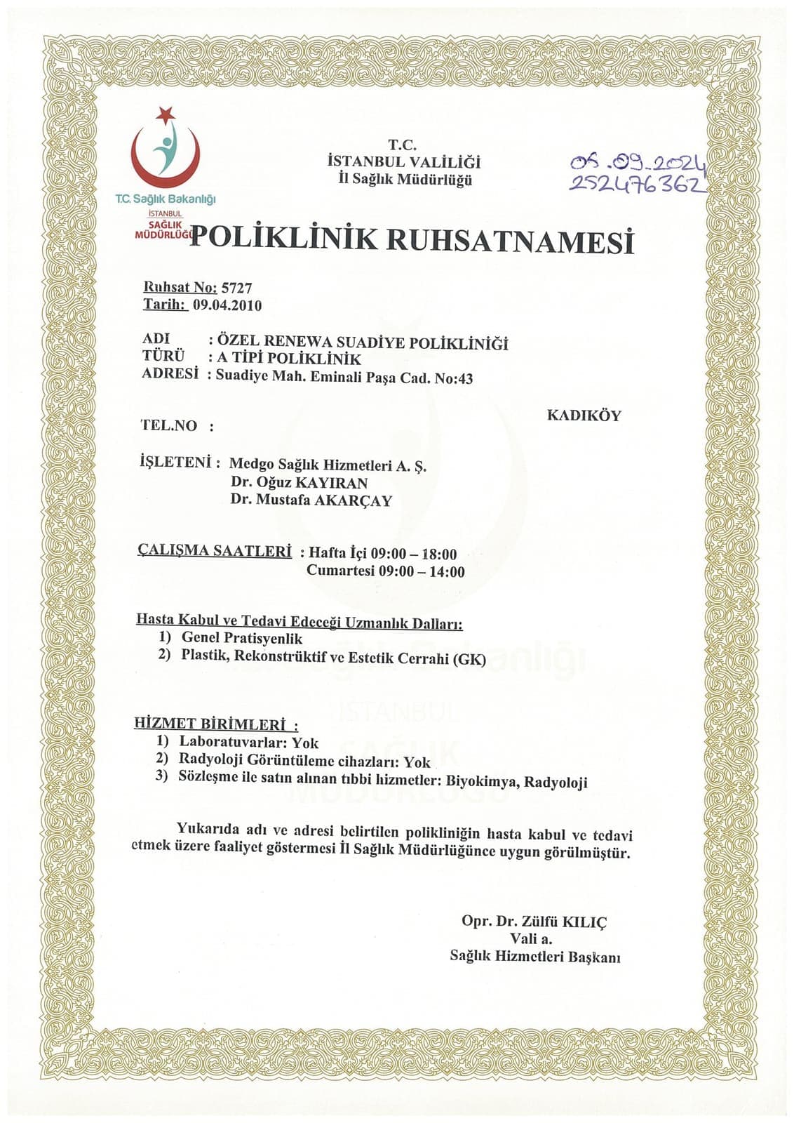 Poliklinik Ruhsatnamesi for Özel Renewa Suadiye Polikliniği