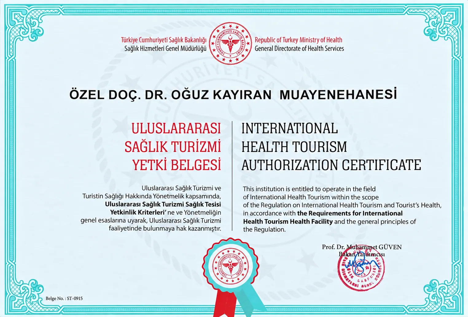 International Health Tourism Authorization Certificate ST-0915 for Private Assoc. Prof. Dr. Oğuz Kayıran Practice